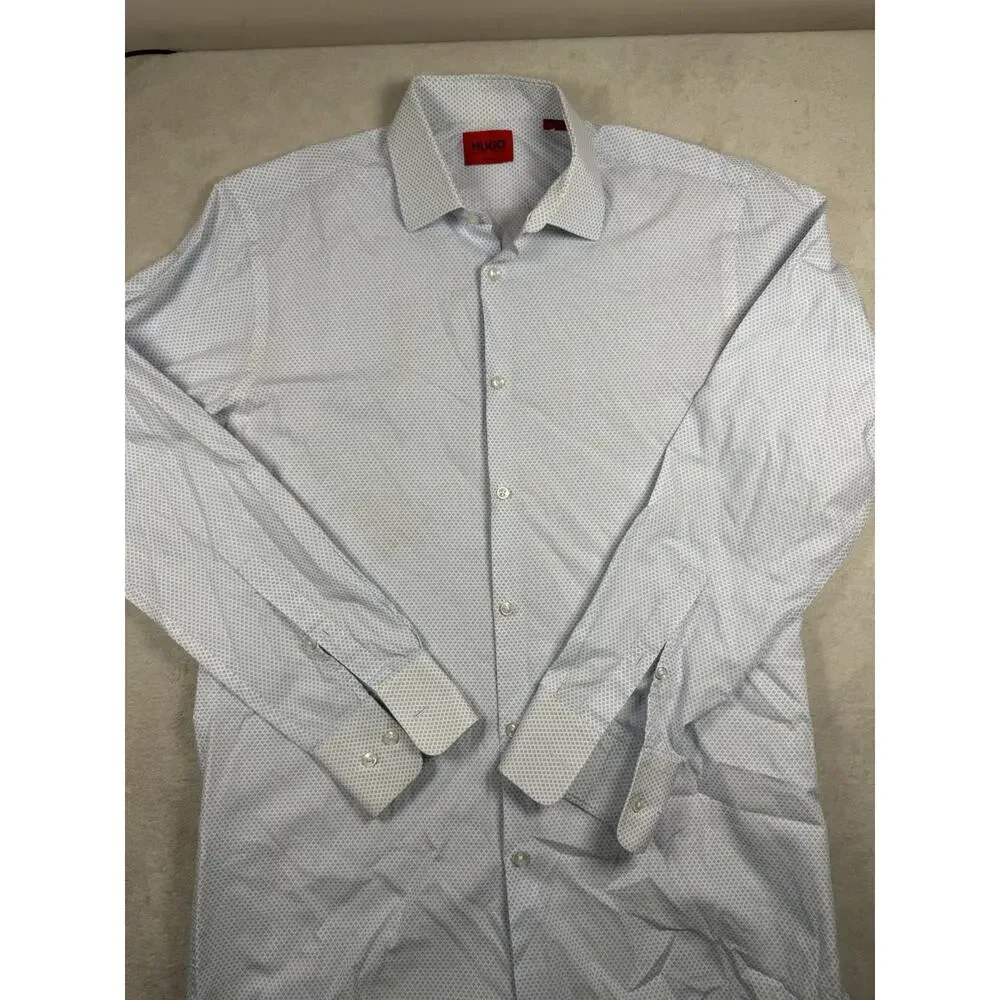 HUGO Hugo Boss Mens Sharp Fit White Blue Micro Print Long Sleeve Dress Shirt L